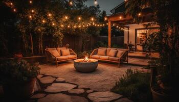 Comfortable chair illuminated by lantern in tranquil outdoor nature scene generated by AI photo