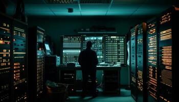 Expert male technician standing inside dark factory using computer equipment generated by AI photo