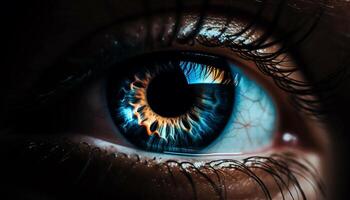 uno joven mujer abstracto, futurista azul ojos curioso a cámara generado por ai foto