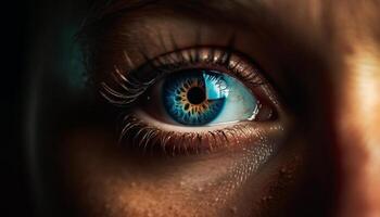 Close up of a Caucasian woman blue eye, staring into nature generated by AI photo