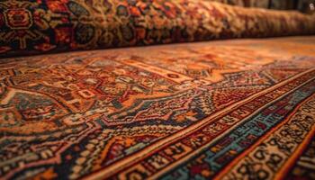 Indigenous cultures' ornate rug shop showcases antique woven tapestries generated by AI photo