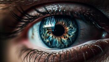 azul ojos belleza curioso con cerca arriba iris, selectivo atención retrato generado por ai foto