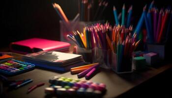 Childhood learning colorful desk with paper, pencils, crayons, and paint generated by AI photo