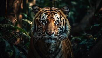 Bengal tiger staring, close up portrait of majestic wildcat walking generated by AI photo