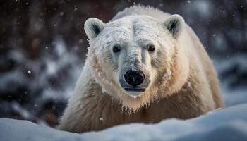 Large arctic mammal walking in snow, looking at camera generated by AI photo