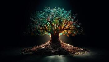 Abstract glowing tree trunk symbolizes futuristic growth in nature environment generated by AI photo