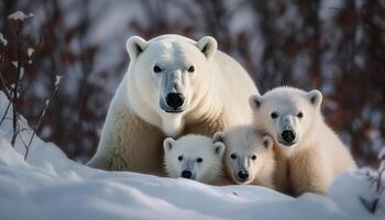 Playful arctic mammal family sitting in snowy forest, looking cute generated by AI photo