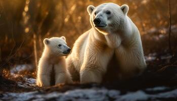 Adorable bear cub walking in snowy arctic tundra landscape generated by AI photo