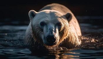 Endangered arctic mammal reflects beauty in tranquil winter pond scene generated by AI photo