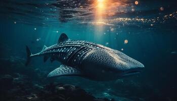 Majestic turtle swimming below the reef in deep blue water generated by AI photo