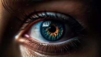 azul ojos belleza curioso a cámara con selectivo atención en iris generado por ai foto