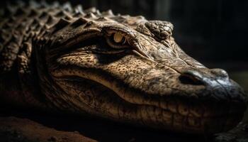 Poisonous crocodile fierce eyes and teeth in close up portrait generated by AI photo