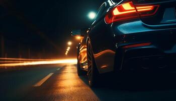 Speeding sports car illuminates city street with glowing light trail generated by AI photo