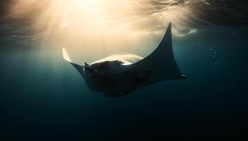 Majestic manta ray swims in tropical reef, below blue water generated by AI photo