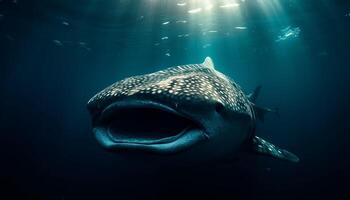 Majestic underwater animal swimming in blue sea, looking at camera generated by AI photo