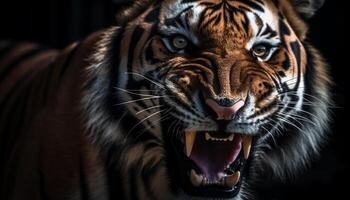 Aggressive Bengal tiger staring fiercely with sharp teeth in jungle generated by AI photo