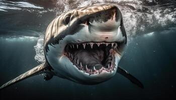 majestuoso mar monstruo, con gigante dientes, nadando en arrecife generado por ai foto