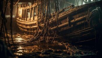 Abandoned sailing ship, rusty and broken, reflects on wet water generated by AI photo