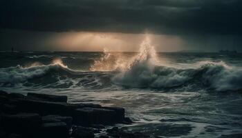 dramático cielo terminado oscuro marina, estrellarse olas en rocoso línea costera generado por ai foto