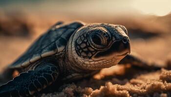 Cute turtle crawling on sand, focus on shell and head generated by AI photo