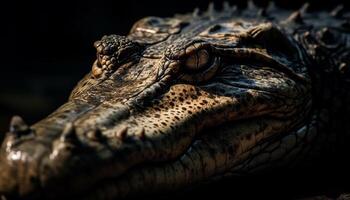 Aggressive crocodile wet portrait, focus on teeth and eye generated by AI photo