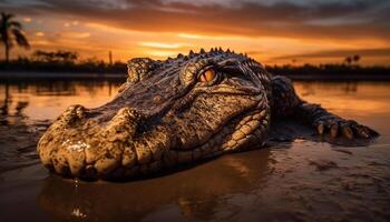 Crocodile resting in tranquil sunset pond, dangerous beauty in nature generated by AI photo