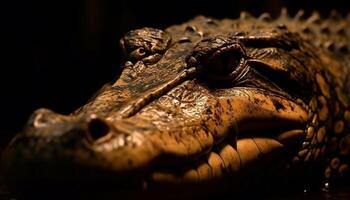 Furious crocodile spooky portrait, selective focus on dangerous animal teeth generated by AI photo