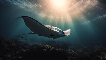 majestuoso manta rayo nadando en el profundo azul mar generado por ai foto
