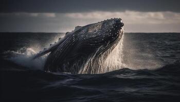 majestuoso jorobado ballena salpicaduras en azul mar, debajo puesta de sol cielo generado por ai foto