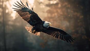 Bald eagle spreads majestic wings in mid air, symbolizing freedom generated by AI photo