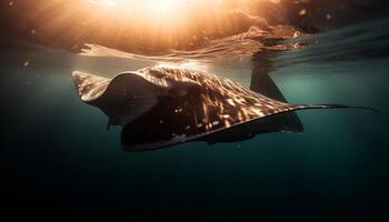 nadando con majestuoso gigante manta rayo en tropical mar vida generado por ai foto