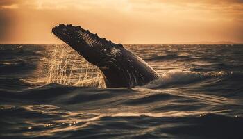 jorobado ballena nadando en tranquilo marina a oscuridad generado por ai foto
