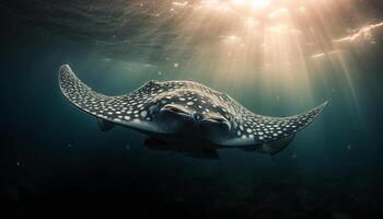majestuoso gigante Tortuga nadando en profundo azul mar con arrecife generado por ai foto