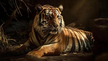 majestuoso Bengala Tigre curioso con agresión en tropical selva generado por ai foto