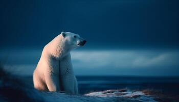 Majestic arctic mammal sitting on ice, looking at camera generated by AI photo