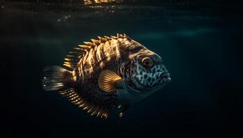 Multi colored fish swim in reef, below tropical seascape generated by AI photo