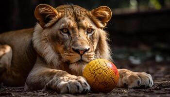 Majestic lion playing in the grass, looking at camera with alertness generated by AI photo