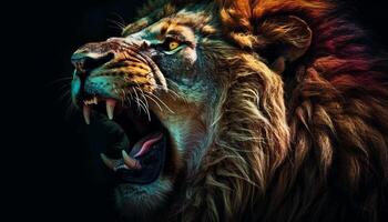 majestuoso masculino león rugido, dientes desnudo, curioso ferozmente a presa generado por ai foto