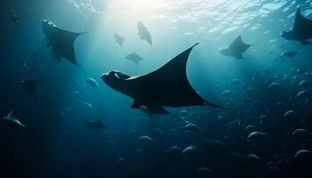 buceo dentro el majestuoso submarino paisaje, encuentro en peligro de extinción especies generado por ai foto