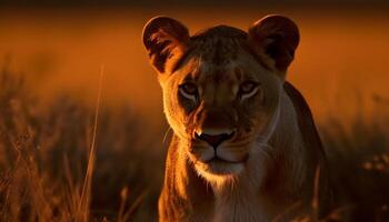 Majestic lioness hides in the grass, looking at camera at dusk generated by AI photo