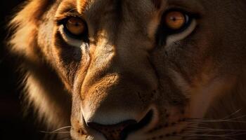 majestuoso leona curioso a cámara, vigilancia en su ojos generado por ai foto