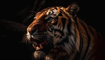 cerca arriba retrato de majestuoso Bengala Tigre en salvaje bosque generado por ai foto