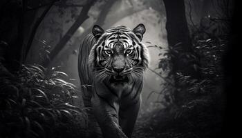 Bengal tiger walking in the forest, staring with aggression generated by AI photo