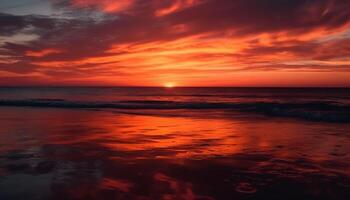 Tranquil sunset over water, reflecting dramatic sky and vibrant colors generated by AI photo