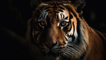 Majestic Bengal tiger staring with aggression, beauty in nature portrait generated by AI photo