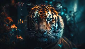 Bengala Tigre curioso, majestuoso piel y a rayas belleza en naturaleza generado por ai foto
