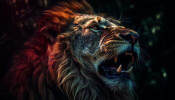 majestuoso león con feroz dientes rugido en el africano desierto generado por ai foto