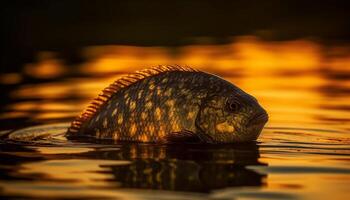 Golden carp swims in tranquil pond, reflecting natural beauty generated by AI photo