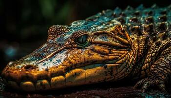 con gafas caimán, peligroso reptil con agudo dientes en tropical bosque generado por ai foto