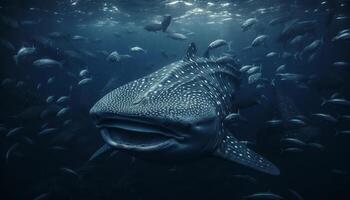 Deep blue sea life majestic whale shark swimming in coral reef generated by AI photo